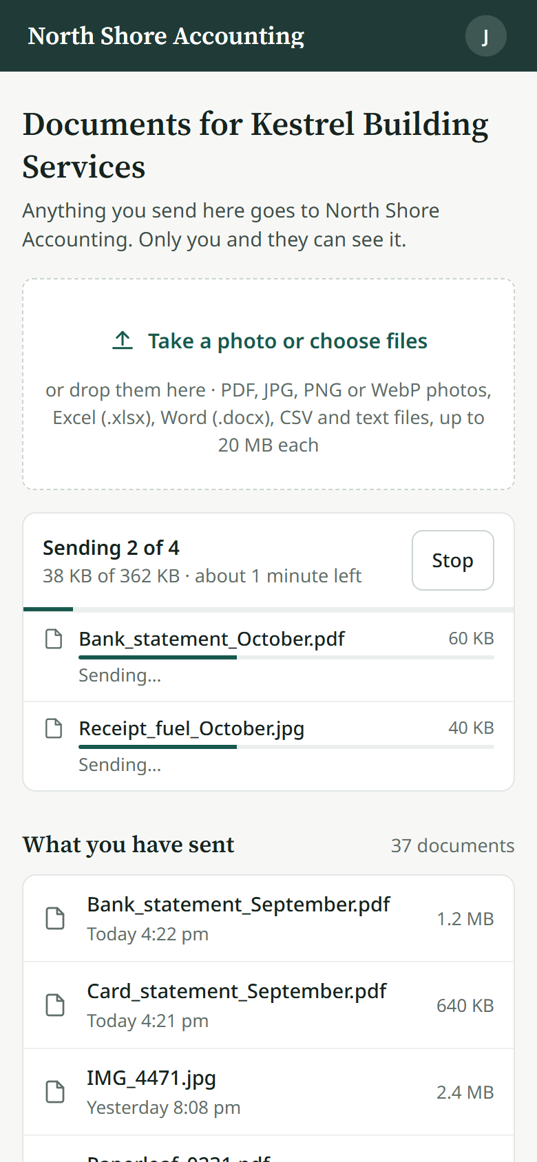 The client's documents page on a phone: the practice's name in the bar, the drop area, a batch being sent, what has been sent