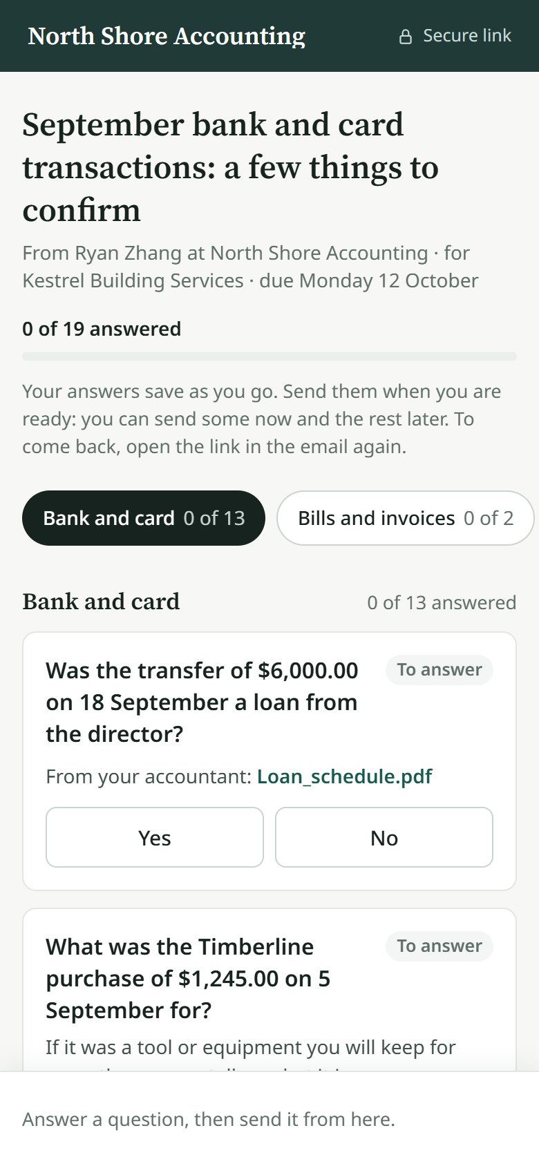 The client's request page: the practice's bar, the first question