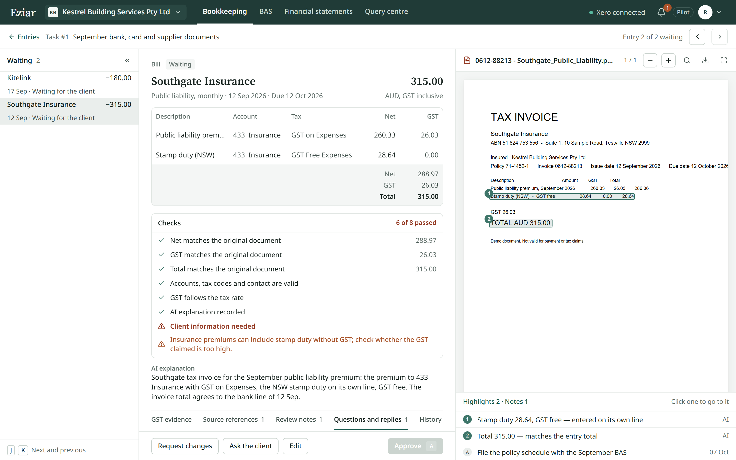 An entry open beside its original tax invoice